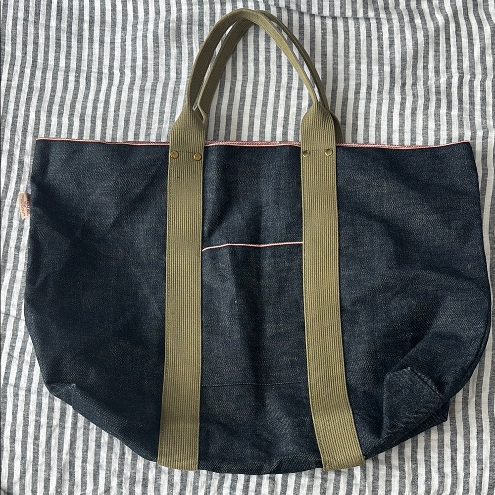 Japanese Selvedge Denim Tote Bag with Olive Straps Purchased at Beams